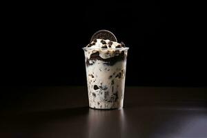 Cookies and cream milkshake in a takeaway cup isolated on dark background. ai generated photo