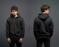 Front and back view of a black hoodie mockup for design print. ai generated photo