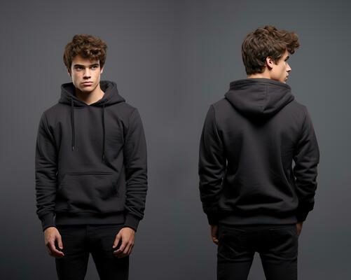 Front and back view of a black hoodie mockup for design print. ai generated