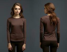 Woman wearing a brown T-shirt with long sleeves. Front and back view. ai generated photo