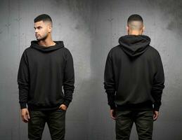 Front and back view of a black hoodie mockup for design print. ai generated photo