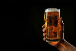 a male hand holding up a glass of beer isolated on a black background with copy space. ai generated photo