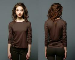 Woman wearing a brown T-shirt with long sleeves. Front and back view. ai generated photo