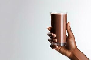 Hand holding a glass of delicious chocolate milk isolated on white background with copy space. ai generated photo