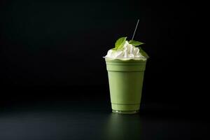 Green tea frappucino with whipped cream in a takeaway cup isolated on dark background. ai generated photo