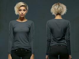 Woman wearing a grey T-shirt with long sleeves. Front and back view. ai generated photo
