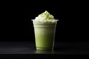 Green tea frappucino with whipped cream in a takeaway cup isolated on dark background. ai generated photo