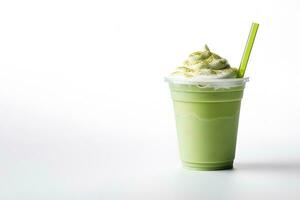 Green tea frappucino with whipped cream in a takeaway cup isolated on white background with copy space. ai generated photo