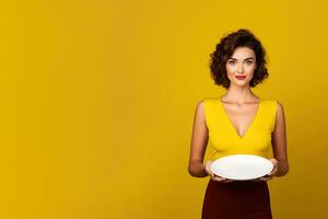 Young beautiful stylish woman holding an empty plate or dish isolated on yellow background with copy space. ai generated photo