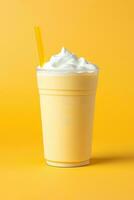 Mango smoothie milkshake in plastic takeaway cup isolated on yellow background. ai generated photo