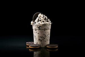 Cookies and cream milkshake in a takeaway cup isolated on dark background. ai generated photo