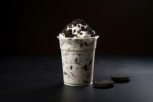 Cookies and cream milkshake in a takeaway cup isolated on dark background. ai generated photo