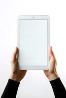 Hand holding tablet with mockup blank screen isolated on white background. ai generated photo