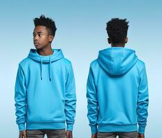 Front and back view of a blue hoodie mockup for design print. ai generated photo