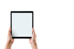 Hand holding tablet with mockup blank screen isolated on white background with copy space. ai generated photo