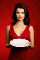 Young beautiful stylish woman holding an empty plate or dish isolated on red background. ai generated photo