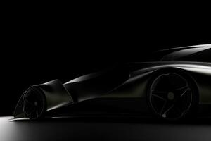 Side view dark silhouette of a modern sport black car isolated on black background. ai generated photo