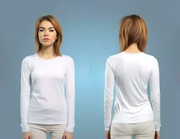Woman wearing a white T-shirt with long sleeves. Front and back view. ai generated photo
