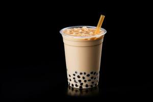 milk tea white bubble on plastic cup, isolated on dark background, side view. ai generated photo