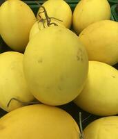 dorado melón vender a el tienda de comestibles Tienda en el verde cesta foto