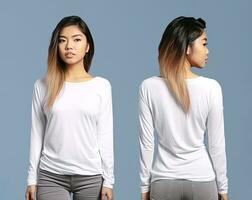 Woman wearing a white T-shirt with long sleeves. Front and back view. ai generated photo