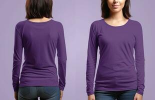 Woman wearing a purple T-shirt with long sleeves. Front and back view. ai generated photo