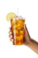 A hand holding takeaway plastic cup of delicious iced lemon tea isolated on white background. ai generated photo