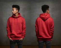 Front and back view of a red hoodie mockup for design print. ai generated photo