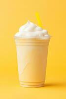 Mango smoothie milkshake in plastic takeaway cup isolated on yellow background. ai generated photo