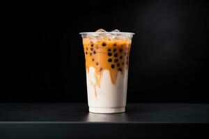 milk tea white bubble on plastic cup, isolated on dark background, side view. ai generated photo