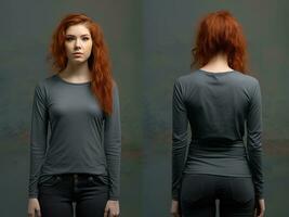 Woman wearing a grey T-shirt with long sleeves. Front and back view. ai generated photo