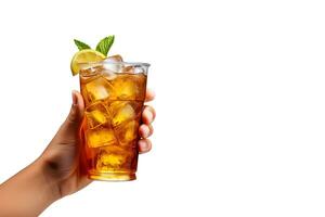 A hand holding takeaway plastic cup of delicious iced lemon tea isolated on white background with copy space. ai generated photo