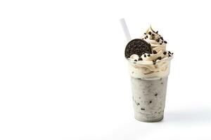 Cookies and cream milkshake in a takeaway cup isolated on white background with copy space. ai generated photo