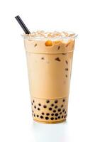 iced milk tea and bubble boba in the plastic glass on the white background. ai generated photo