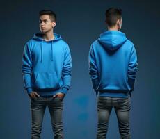 Front and back view of a blue hoodie mockup for design print. ai generated photo