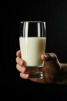 Hand holding a glass of fresh milk isolated on black background. ai generated photo