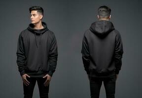 Front and back view of a black hoodie mockup for design print. ai generated photo