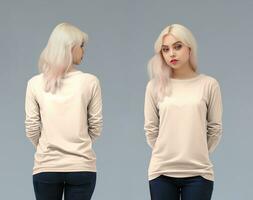 Woman wearing a beige T-shirt with long sleeves. Front and back view. ai generated photo