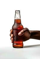 a male hand holding up a bottle of beer isolated on a white background. ai generated photo