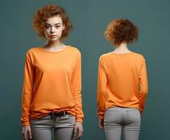 mujer vistiendo un naranja camiseta con largo mangas frente y espalda vista. ai generado foto