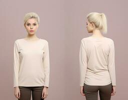 Woman wearing a beige T-shirt with long sleeves. Front and back view. ai generated photo