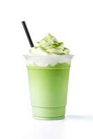 Green tea frappucino with whipped cream in a takeaway cup isolated on white background. ai generated photo