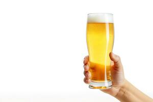 a male hand holding up a glass of beer isolated on a white background with copy space. ai generated photo