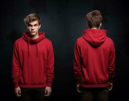 Front and back view of a red hoodie mockup for design print. ai generated photo