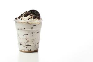 Cookies and cream milkshake in a takeaway cup isolated on white background with copy space. ai generated photo