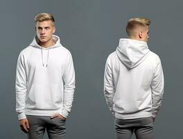 Front and back view of a white hoodie mockup for design print. ai generated photo