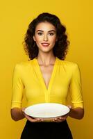 Young beautiful stylish woman holding an empty plate or dish isolated on yellow background. ai generated photo