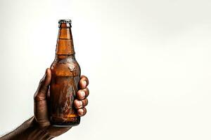 a male hand holding up a bottle of beer isolated on a white background with copy space. ai generated photo
