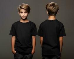 Front and back views of a little boy wearing a black T-shirt. ai generated photo