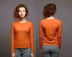 Woman wearing an orange T-shirt with long sleeves. Front and back view. ai generated photo